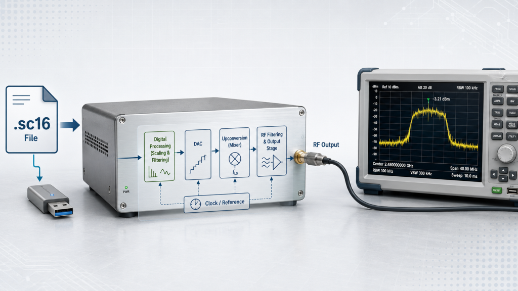 Custom sc16 IQ file processed by an SDR signal source to generate an RF waveform