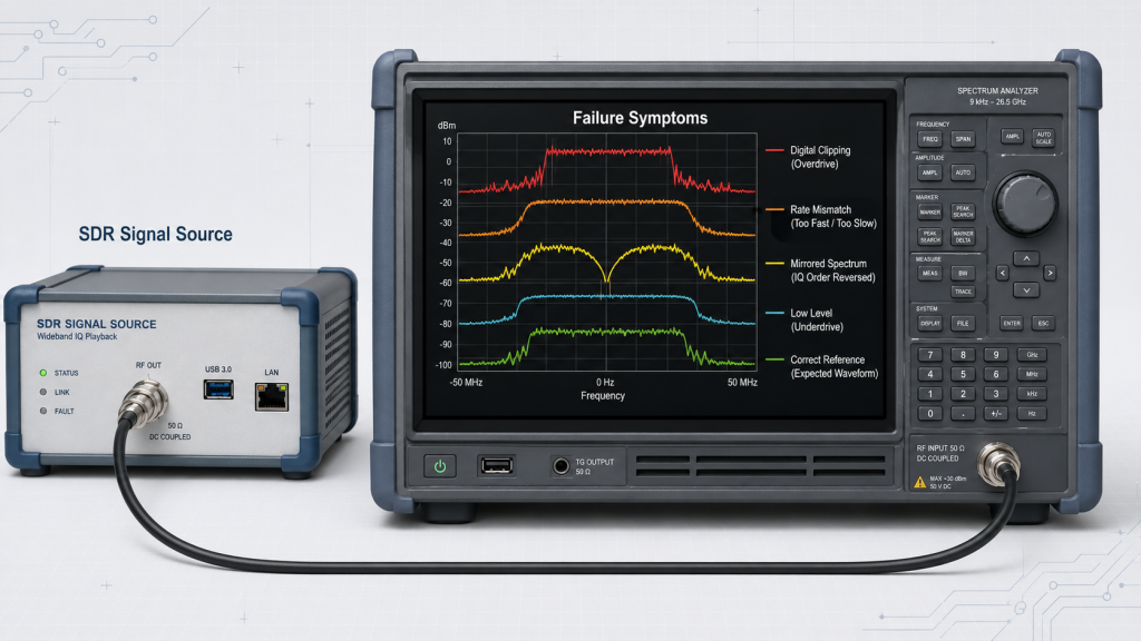 Spectrum comparison showing IQ sample-rate mismatch, mirrored spectrum, digital clipping, and low output level