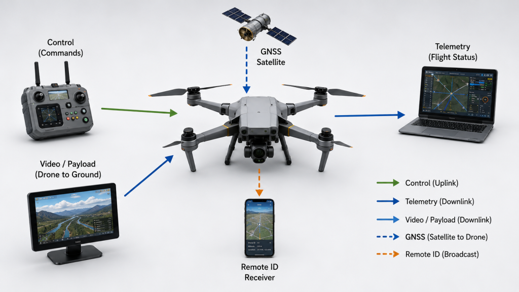 Drone RF links showing control, telemetry, video, GNSS, and Remote ID signal directions