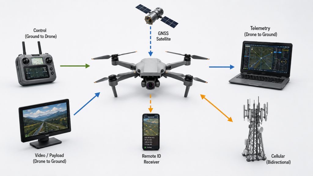 Drone communication link directions for control, telemetry, video, GNSS, Remote ID, and cellular networks