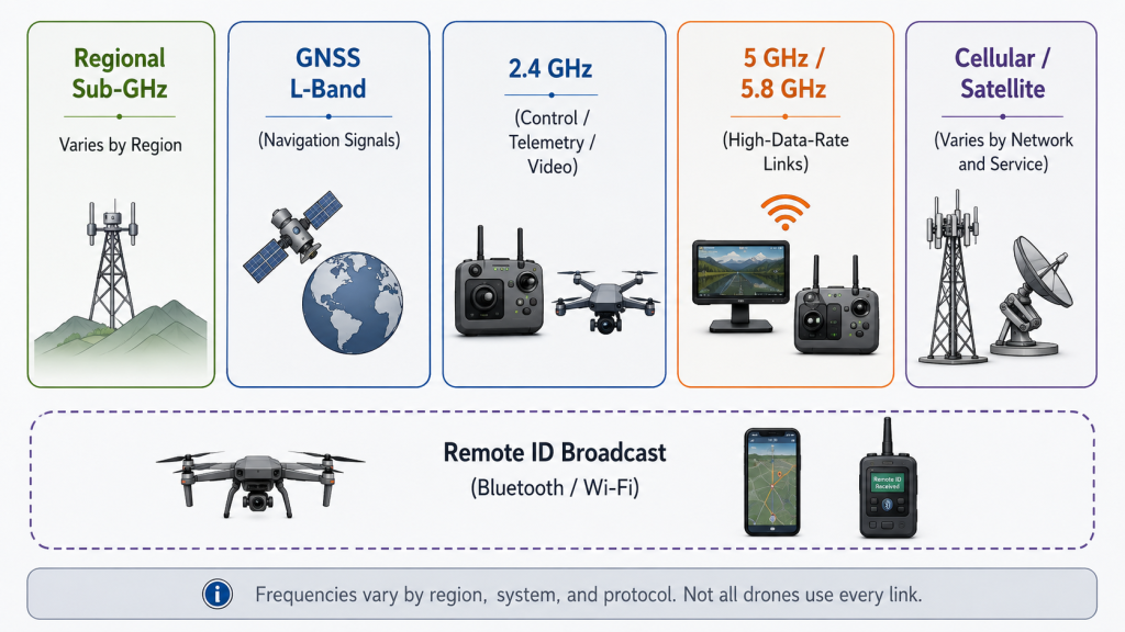 Common drone frequency bands including Sub-GHz, GNSS L-band, 2.4 GHz, 5 GHz, and cellular or satellite links