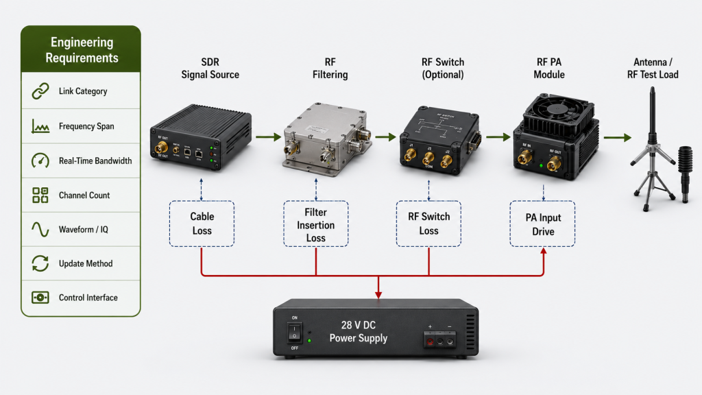 SDR and RF power amplifier integration chain with filtering, switching, path losses, and PA input drive