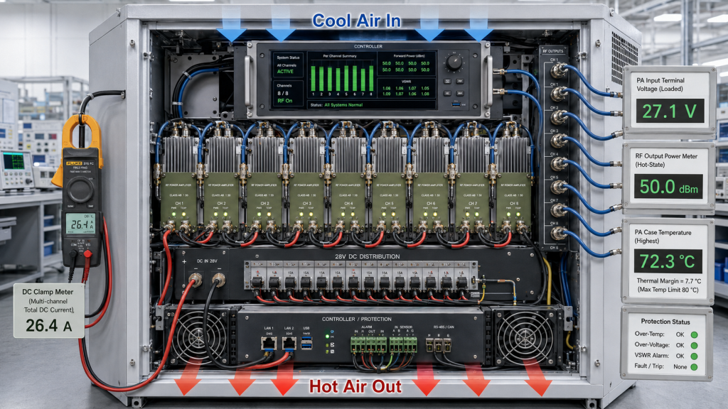 Multi-channel C-UAS RF cabinet under worst-case power, cooling, and control verification with loaded voltage, total DC current, and PA case temperature.