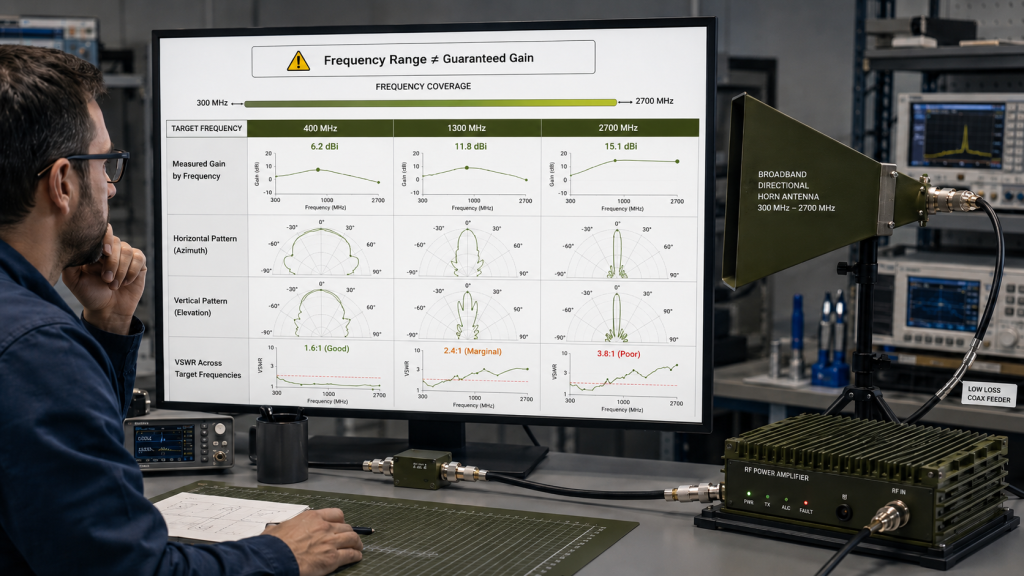 Frequency range alone does not guarantee C-UAS antenna gain, radiation pattern, or VSWR performance