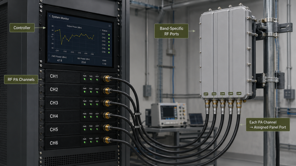 Multi-port panel antenna with band-specific PA channel mapping for C-UAS RF systems