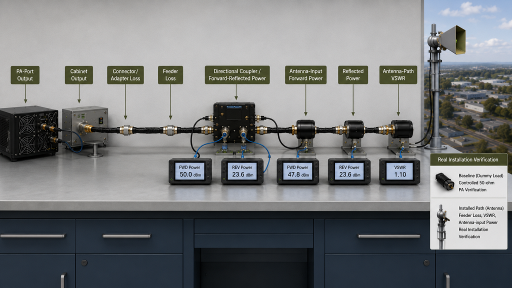 RF PA to feeder to antenna path verification with forward power, reflected power, VSWR, and installation evaluation