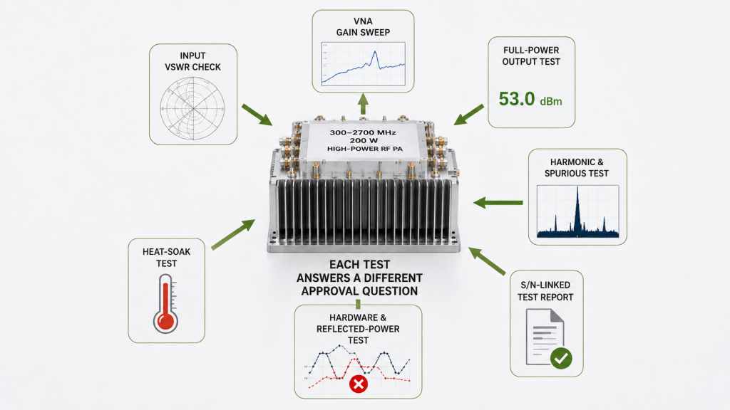 Separate gain, input VSWR, full-power, harmonic, hot-state, mismatch, and serial-number-linked tests for RF PA approval