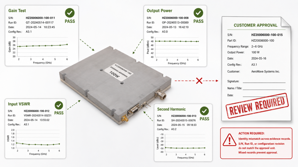 Separate gain, input VSWR, output power, and harmonic PASS results still leave an RF PA test report approval gap when unit identities do not match