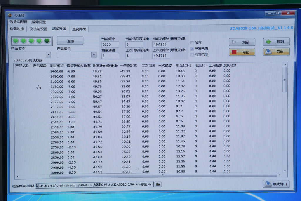 Automated RF PA test report software recording test frequencies, input power, output power, harmonic results, and operating current