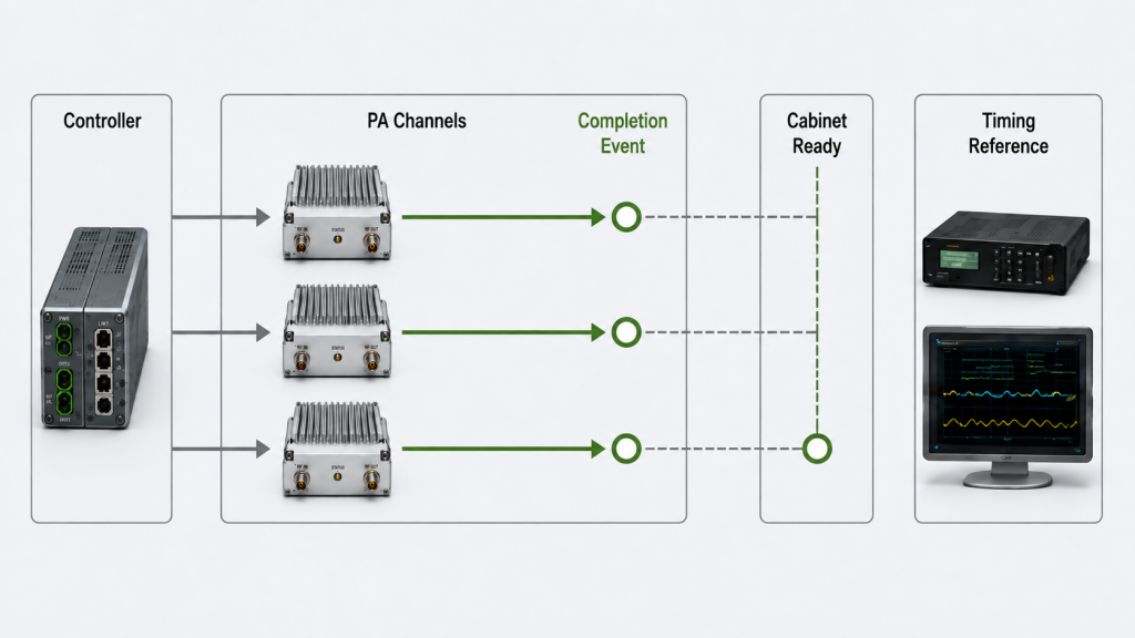 Multiple RF PA channels reaching separate completion events before the multi-band PA cabinet is declared ready against a timing reference.