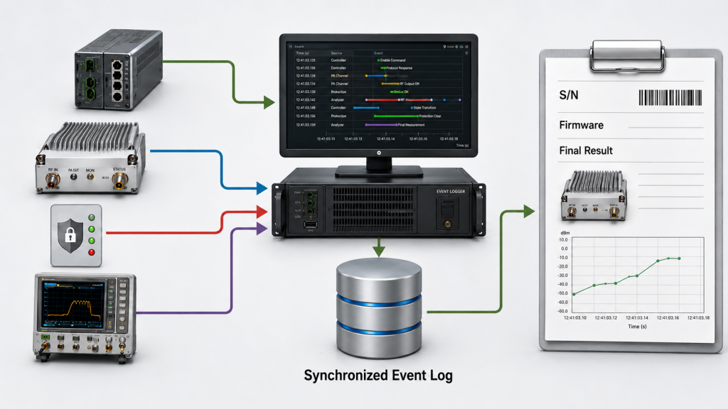 Synchronized event log combining controller, RF PA, protection status, and RF measurement records into traceable AT command timing acceptance evidence.