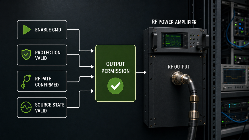 RF PA enable logic showing enable command, protection validity, RF path confirmation, and source state feeding the output permission decision