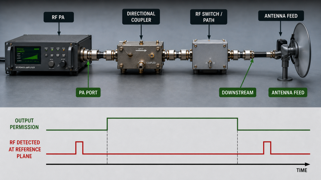 RF PA output reference planes showing PA port, downstream RF path, antenna feed, and unexpected RF detection outside output permission