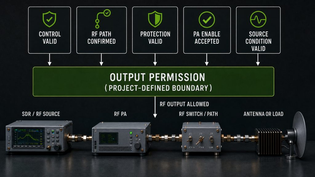 RF PA output permission logic combining control validity, RF path confirmation, protection status, PA enable acceptance, and source condition
