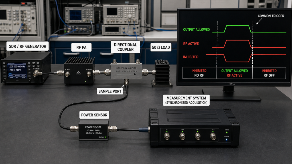 RF PA enable logic verification setup using synchronized RF measurement to confirm output allowed, RF active, and inhibited states