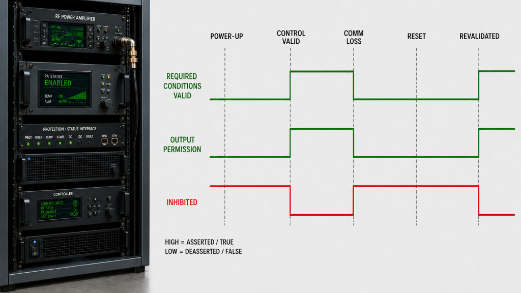 RF PA enable fail-safe timing showing output inhibited during power-up, communication loss, reset, and state revalidation