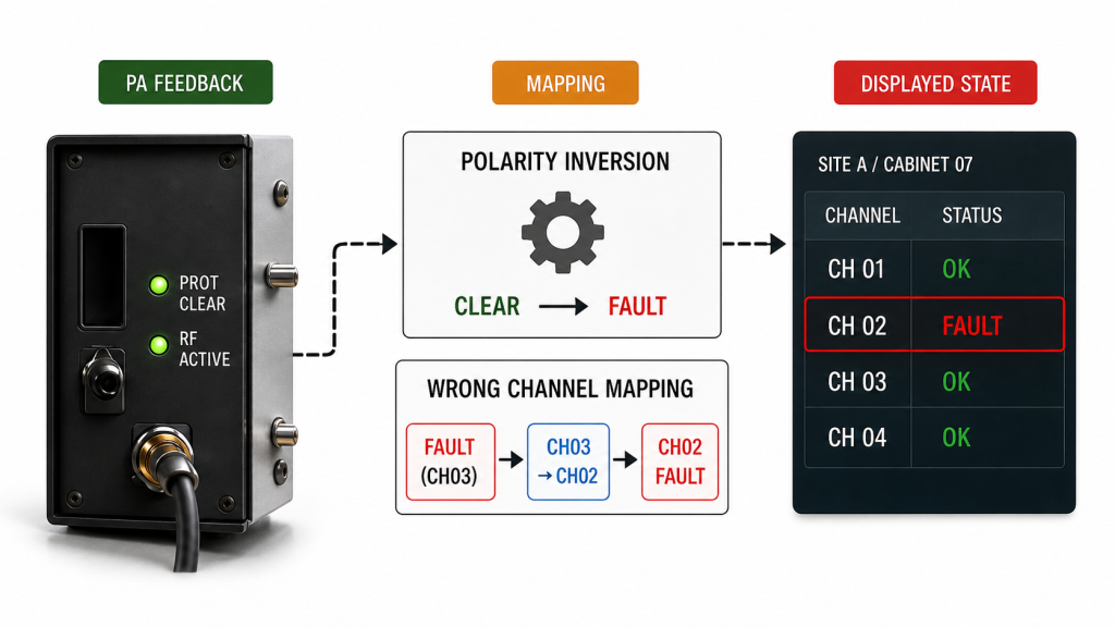 RF PA feedback mapping example showing polarity inversion causing a false fault and wrong channel mapping assigning a fault to the wrong PA channel.