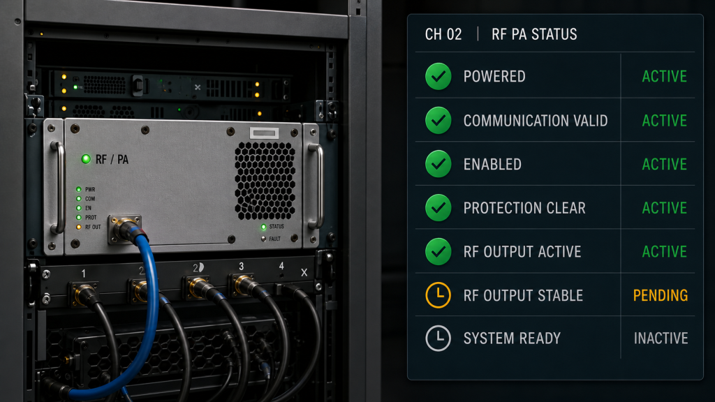 RF PA status display keeping powered, communication valid, enabled, protection clear, RF output active, output stable and system ready as separate states.