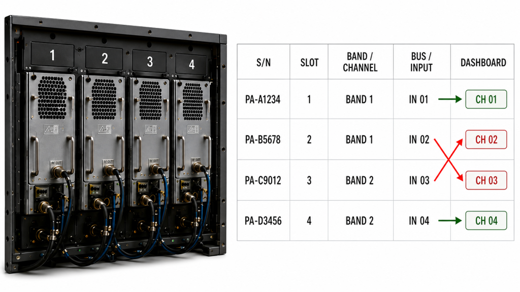 Multi-module RF PA cabinet mapping showing module serial number, slot, band, controller input and an incorrect cross-channel dashboard assignment.