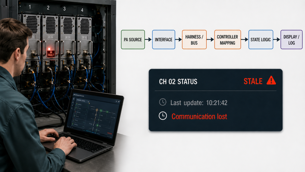 RF PA status mapping troubleshooting path from PA source through interface, harness, controller mapping and state logic to a stale communication-lost display.