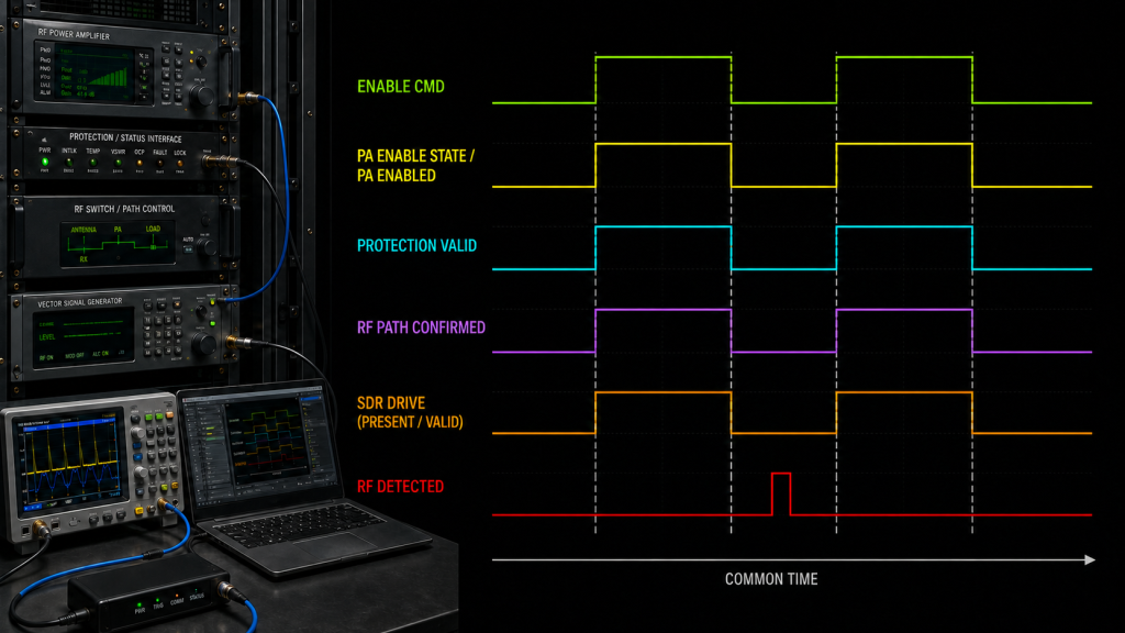 RF PA enable logic diagnostic timeline comparing enable command, PA state, protection, RF path, SDR drive, and unexpected RF detection