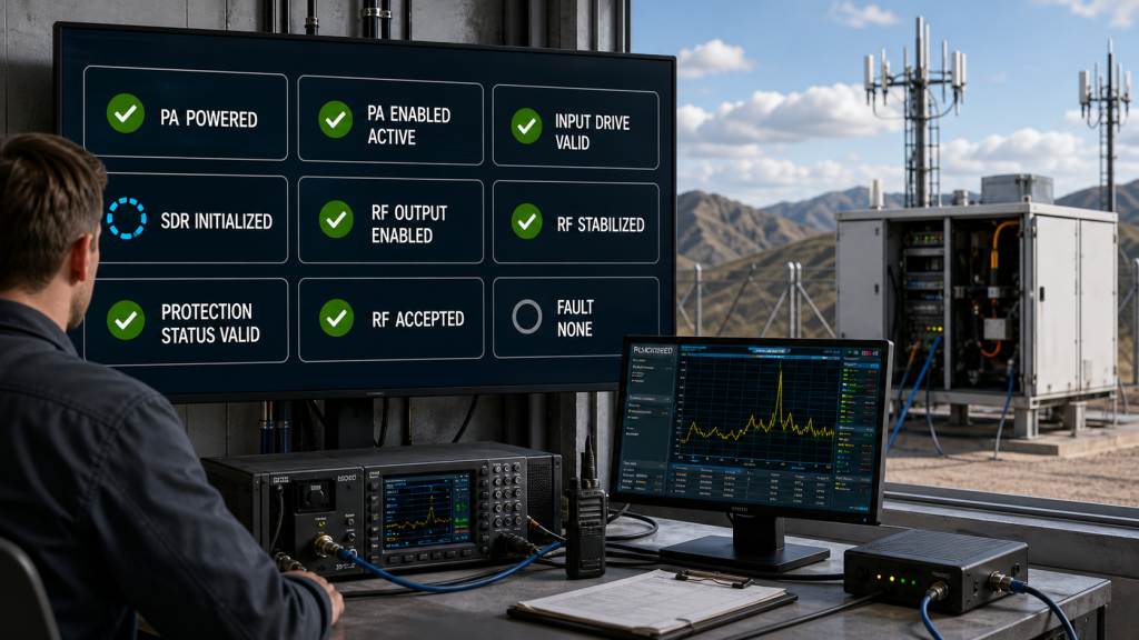 Real-time C-UAS PA system status display separating PA power, SDR initialization, RF enable, protection validity, input drive, RF stabilization, acceptance, and fault state.