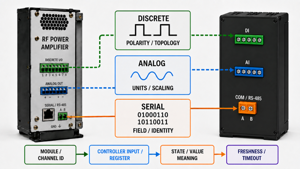 RF PA status feedback mapping showing discrete, analog and serial feedback linked to module identity, controller input, state meaning and freshness rules.