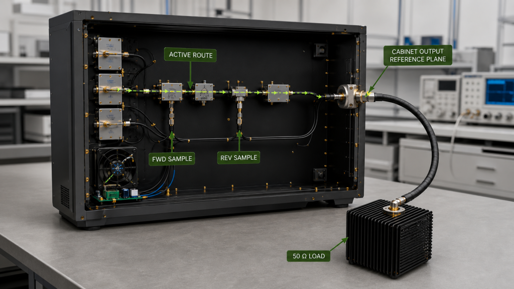 Active cabinet RF route connected to a 50 ohm load with FWD and REV sampling for isolating VSWR and output problems at the cabinet output reference plane.