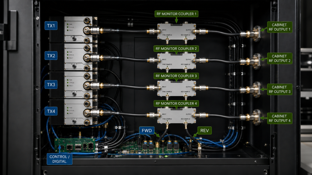Four independent TX paths with separate RF monitor couplers, FWD and REV sampling, and dedicated cabinet RF outputs in a multi-path C-UAS cabinet.