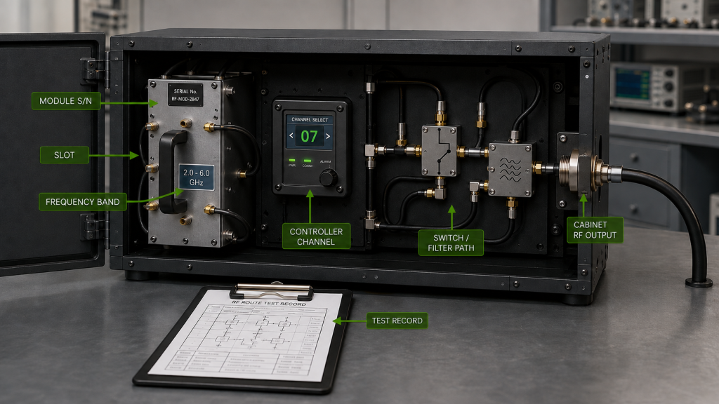 Multi-module RF cabinet showing module serial number, slot, frequency band, controller channel, switch and filter path, cabinet RF output, and test record for route traceability.