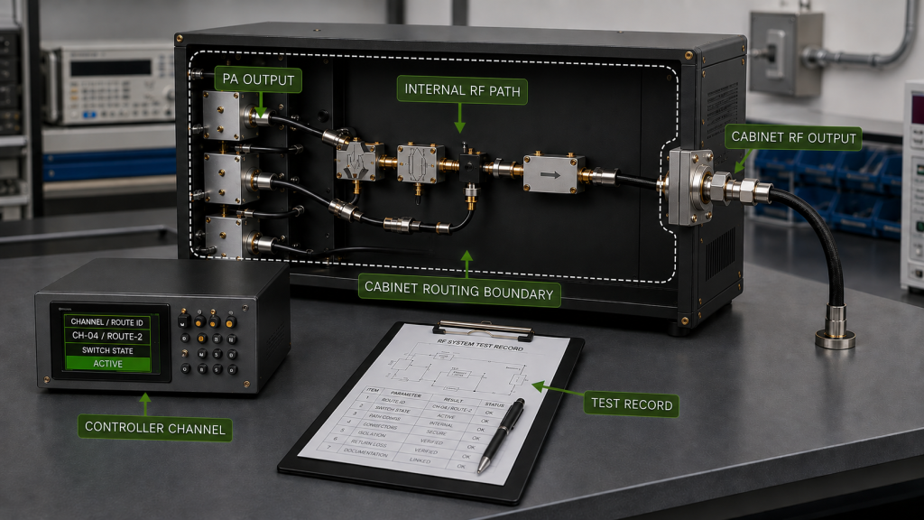Cabinet RF route showing the PA output, internal RF path, cabinet RF output, controller channel, and test record used to define route identity.