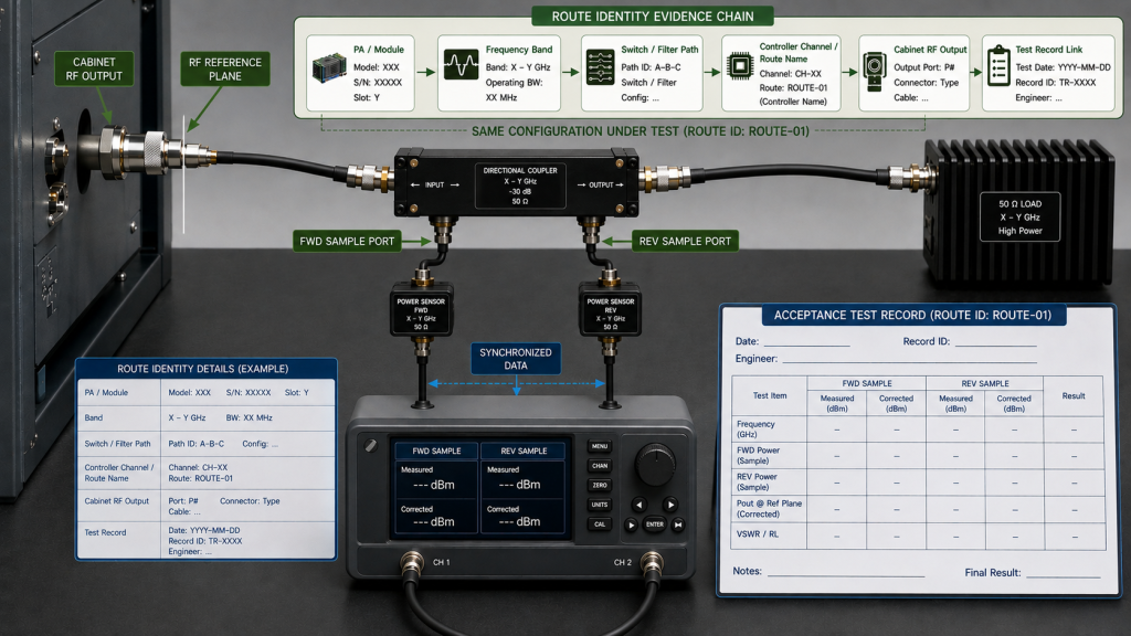 Cabinet RF routing acceptance setup linking route identity evidence with the cabinet output reference plane, directional coupler, FWD and REV power sensing, and acceptance test record.