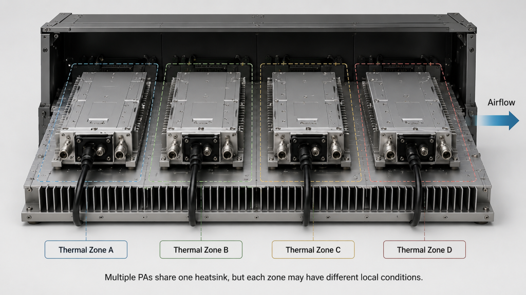 Multiple RF PA modules mounted on one shared heatsink with separate thermal zones for local-condition verification.