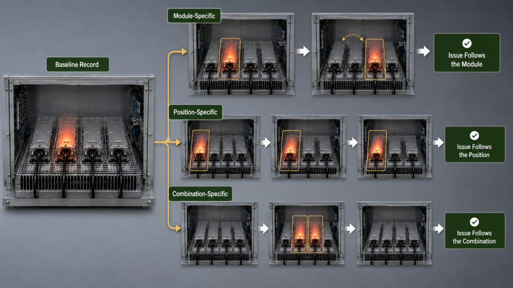 Diagnostic comparison showing module-specific, position-specific and combination-specific shared heatsink thermal problems.
