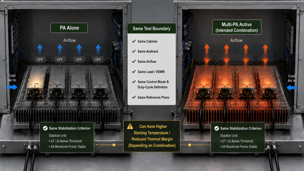Single-PA versus intended multi-PA hot-state comparison under the same cabinet, airflow, RF load, control and stabilization boundaries.