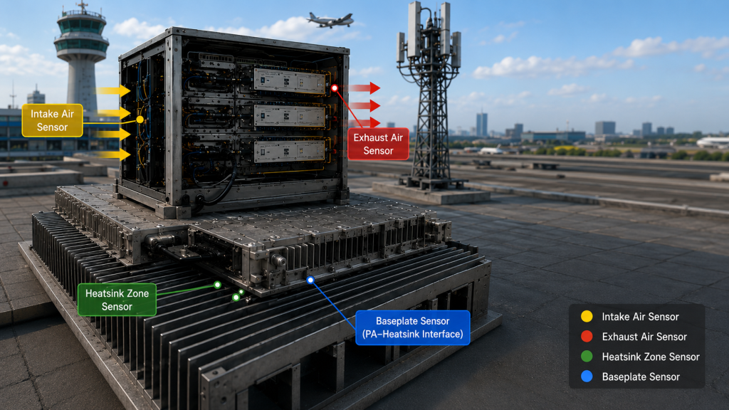 Baseplate, heatsink-zone, intake-air and exhaust-air sensor locations used for shared heatsink thermal zoning.