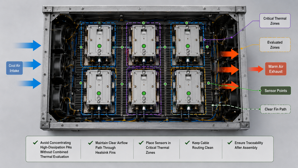Multi-PA cabinet layout showing evaluated thermal zones, sensor points, clear heatsink fin paths and controlled airflow.