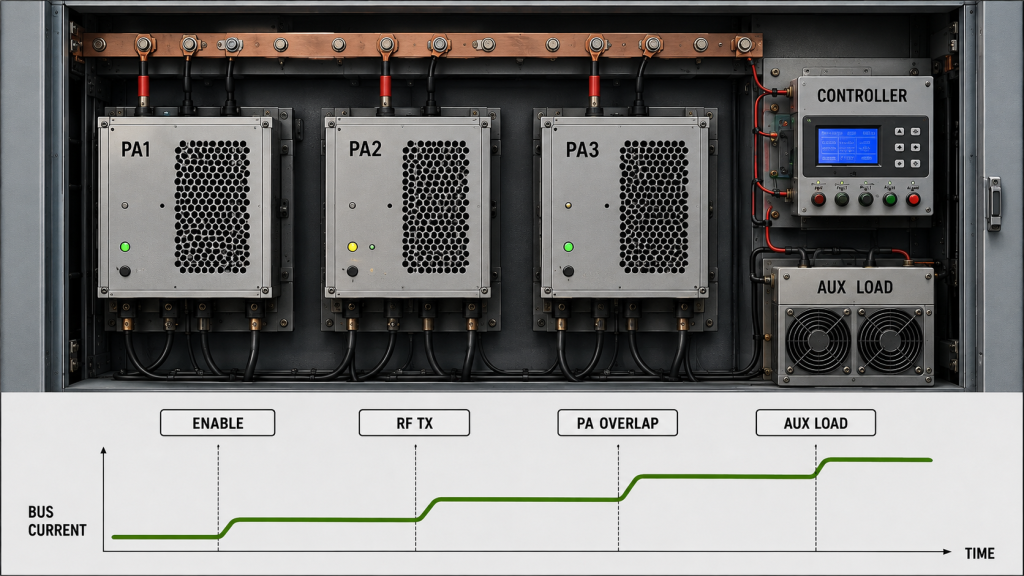 Multi-PA cabinet illustrating bus current increases during PA enable, RF transmit, PA overlap, and auxiliary load startup