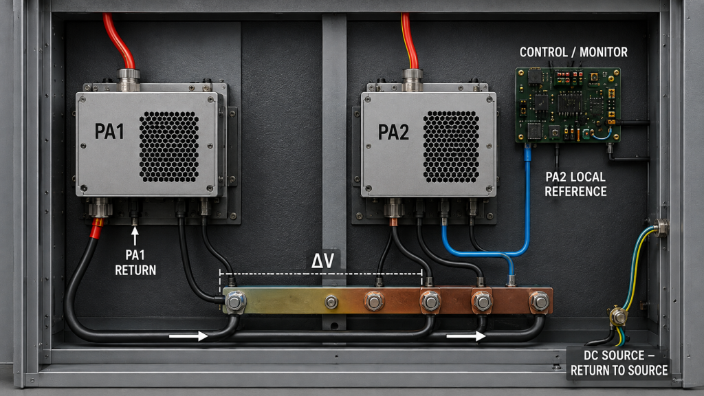 PA1 and PA2 sharing a DC return path with voltage drop across shared return impedance affecting the PA2 local reference