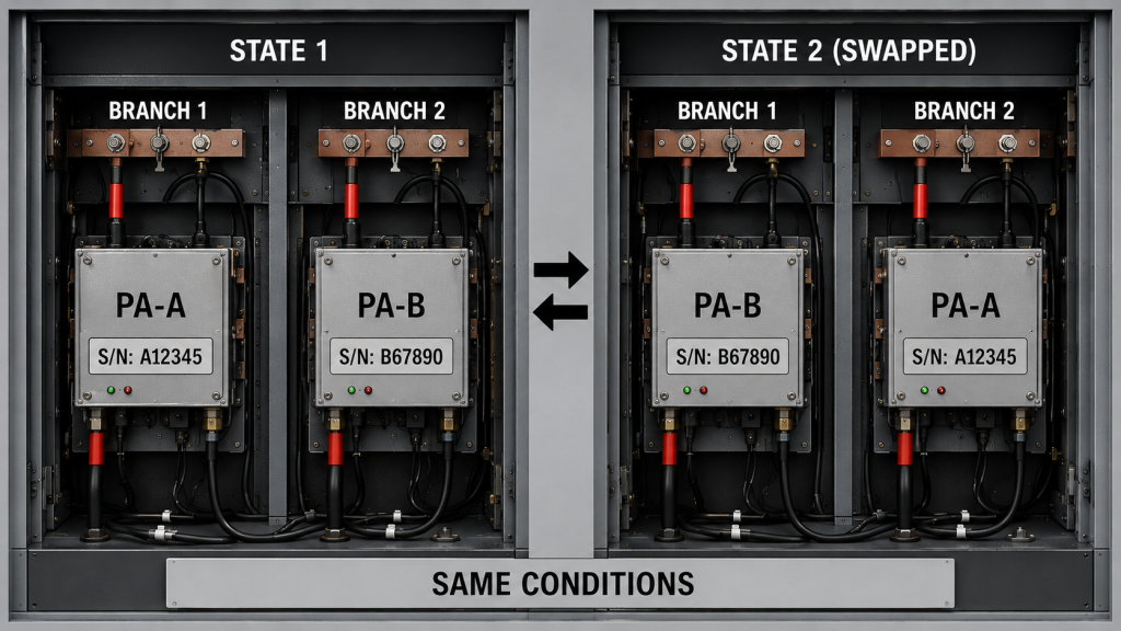 PA modules swapped between two cabinet branches under the same conditions to determine whether a fault follows the module or branch