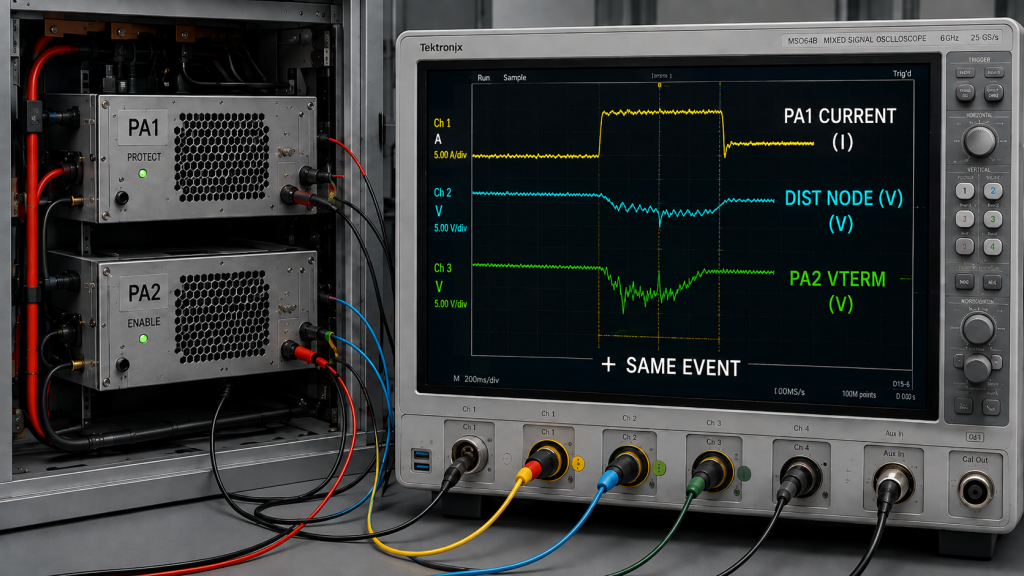 Oscilloscope measuring PA1 current, distribution-node voltage, and PA2 terminal voltage on the same time basis during a shared-bus event