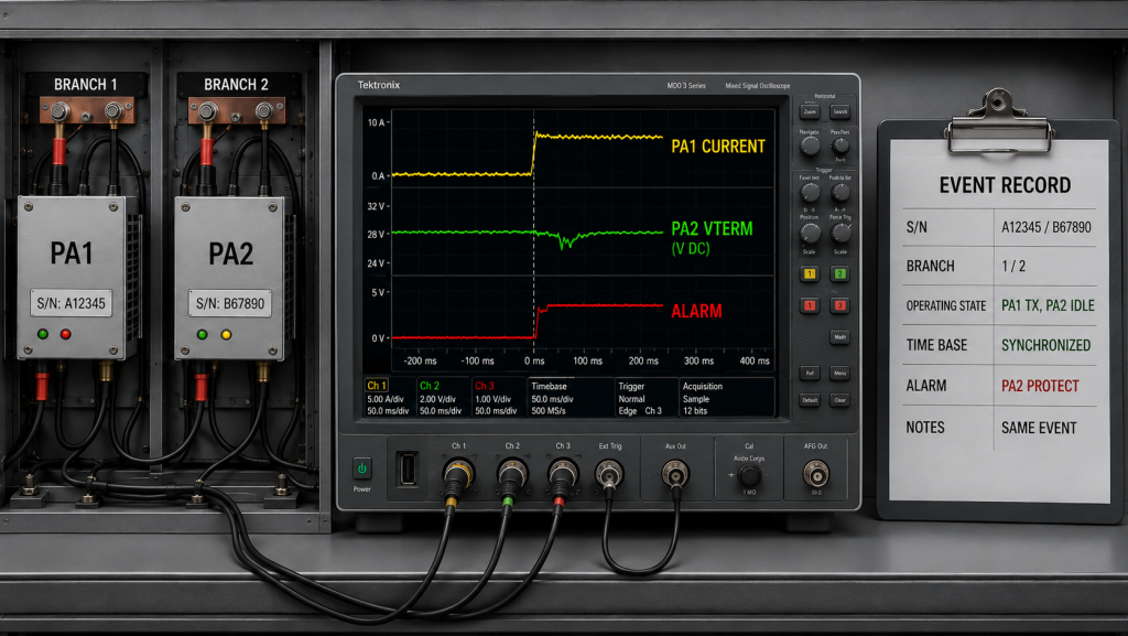 Synchronized event record correlating PA1 current, PA2 terminal voltage, PA2 protection alarm, module serial numbers, and branch information
