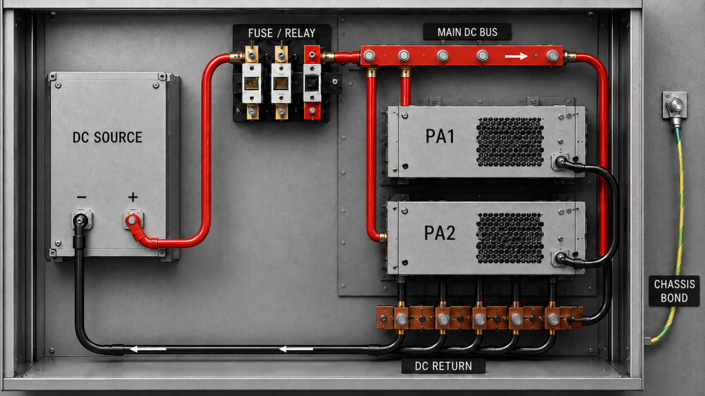Shared DC bus layout showing the DC source, fuse and relay, main DC bus, PA branches, DC return path, and chassis bond