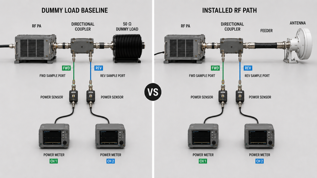 Side-by-side comparison of RF PA measurements on a 50-ohm dummy-load baseline and the installed RF antenna path using FWD and REV sensing.