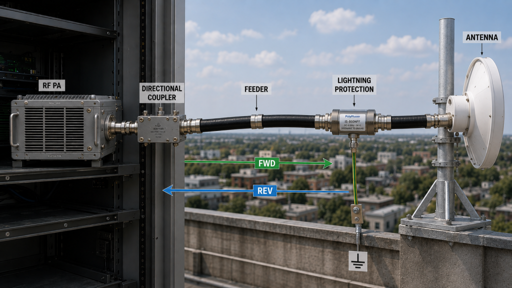 Installed RF path from the RF PA through a directional coupler, feeder, grounded lightning protection device, and antenna.
