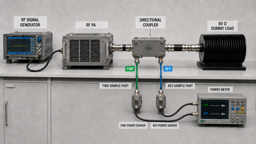 RF PA dummy-load test setup with signal generator, directional coupler, 50-ohm load, FWD and REV power sensors, and power meter.