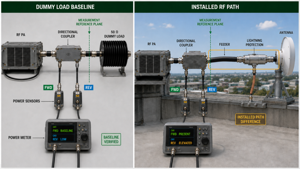 Comparison of a verified dummy-load baseline with an installed RF path showing elevated reflected power for troubleshooting the feeder, protection hardware, and antenna chain.