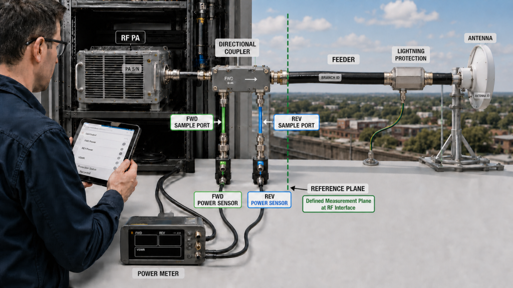Installed RF-path readiness check showing PA identification, directional FWD and REV measurements, defined reference plane, branch ID, antenna ID, and protection status recording.
