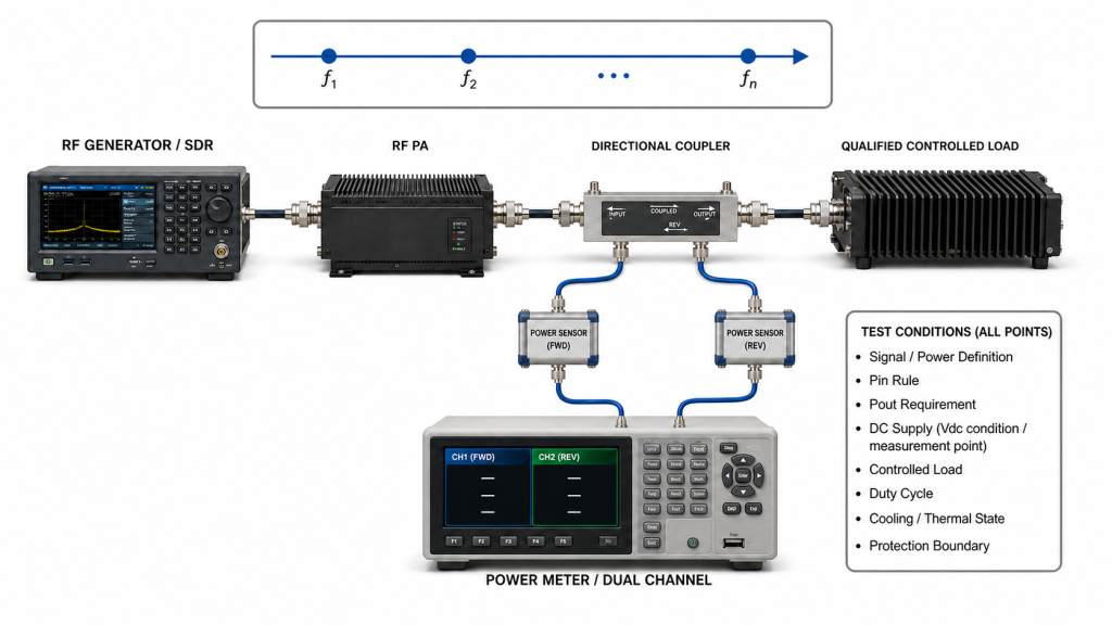 Full-power RF PA frequency sweep using the same test conditions across multiple frequency points