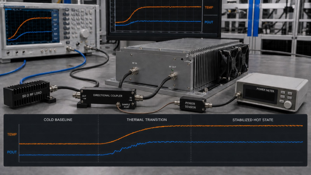 RF PA thermal soak test showing cold baseline, thermal transition, and stabilized hot-state Pout and temperature trends